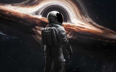3D illustration of Astronaut looks at black hole and event horizon. 5K realistic science fiction art. Elements of image provided by Nasa