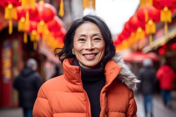 Portrait of a smiling Asian woman wearing a red jacket and looking at the camera