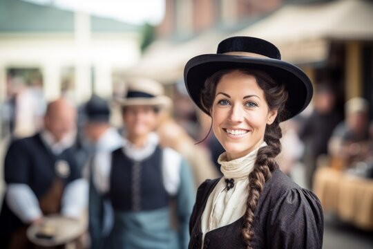 Portrait of smiling woman wearing fedora hat at bavarian fair