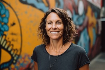 Portrait of smiling woman standing in graffiti wall at the skate park