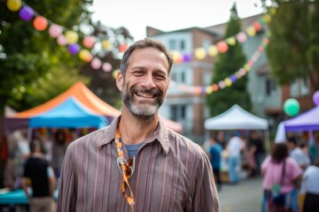 Medium shot portrait photography of a satisfied man in his 40s that is wearing a foulard against a neighborhood block party with food and games background . Generative AI