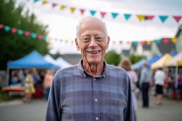 Medium shot portrait photography of a grinning man in his 70s that is wearing a chic cardigan against a neighborhood block party with food and games background . Generative AI