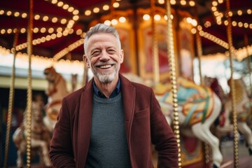 Fototapeta na wymiar Medium shot portrait photography of a pleased man in his 50s that is wearing a chic cardigan against an old-fashioned carousel in motion at a city square background . Generative AI