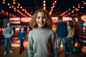 Medium shot portrait photography of a pleased child female that is wearing a cozy sweater against a noisy and animated bowling alley with friends background . Generative AI - obrazy, fototapety, plakaty