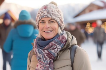 Portrait of happy mature woman at winter fair in front of people
