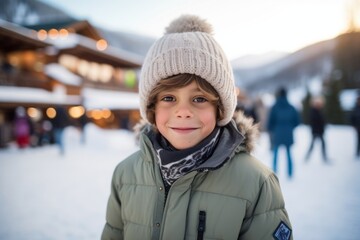 Portrait of a cute little boy in winter clothes on the background of the Christmas market