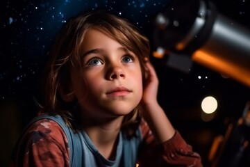 Medium shot portrait photography of a pleased child female that is wearing a casual t-shirt against a captivating stargazing event with telescopes background . Generative AI - obrazy, fototapety, plakaty