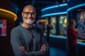 Medium shot portrait photography of a grinning man in his 50s that is wearing a pair of leggings or tights against an interactive science museum with hands-on exhibits background . Generative AI