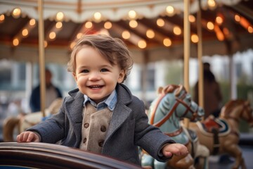 Obraz premium Portrait of a cute little boy on a merry-go-round