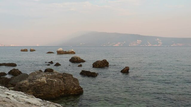 Fort Mezaluna Mesaluna Citadel Citadela Montenegro Herceg Novi. The ruins of an ancient stone fortress, destroyed in an earthquake, fell into the Adriatic Sea, the Mediterranean. Tourist attractions