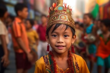 Medium shot portrait photography of a pleased child male that is wearing a simple tunic against a lively street parade with colorful costumes and music background . Generative AI