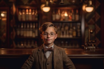 Medium shot portrait photography of a pleased child male that is wearing a chic cardigan against an atmospheric speakeasy bar with vintage decor background . Generative AI