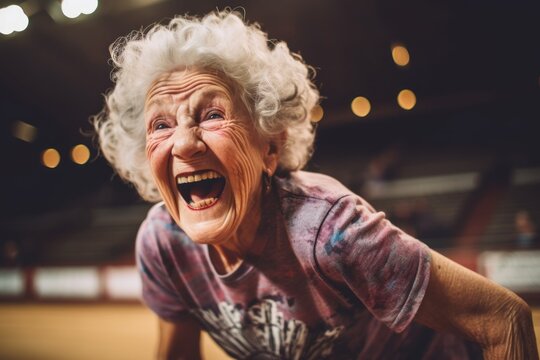 Medium shot portrait photography of a grinning woman in her 80s that is wearing a casual t-shirt against a thrilling roller derby match with fierce competitors background . Generative AI