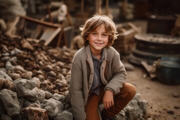 Portrait of smiling boy sitting on pile of stones in the yard