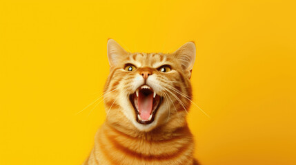 Fototapeta premium Funny red cat on yellow background, portrait of mocking cat with copy space generated AI.