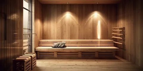 Fotobehang AI Generated. AI Generative. Modern luxury home sauna steam cabin heat spa wood style. Graphic Art © Graphic Warrior