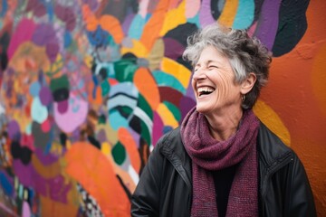 Portrait of happy senior woman laughing in front of colorful graffiti wall