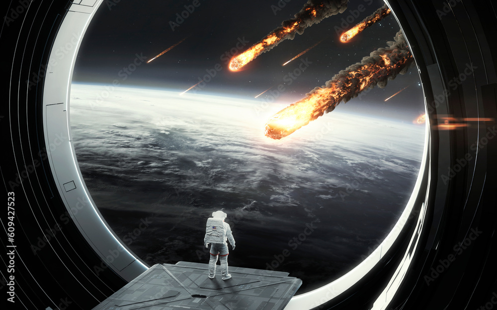 Wall mural an astronaut stands at the huge window of a spaceship and looks at meteor shower. 5k realistic scien