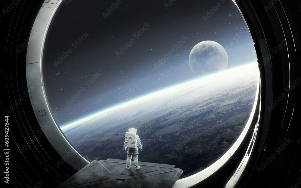 Wall mural an astronaut stands at the huge window of a spaceship and looks at earth and moon. 5k realistic scie