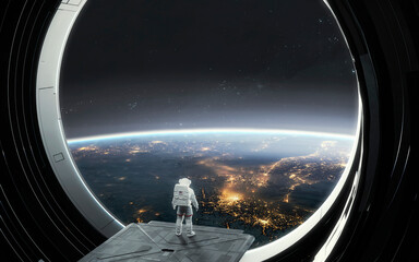 Astronaut at a huge window observes the orbit of the planet Earth. 5K realistic science fiction art. Elements of image provided by Nasa