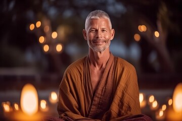 Obraz premium Portrait of a smiling senior buddhist monk sitting at night