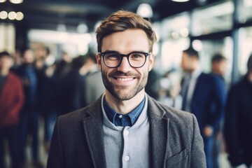 Obraz premium Close-up portrait photography of a pleased man in his 20s that is wearing a chic cardigan against a busy newsroom with journalists and cameras background . Generative AI