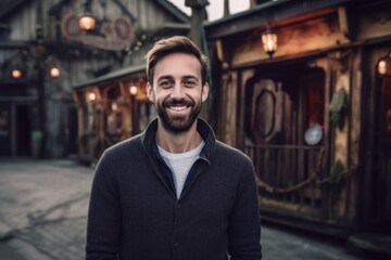 Portrait of handsome young man with beard smiling and looking at camera.