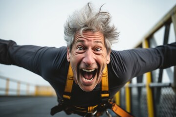 Medium shot portrait photography of a grinning man in his 50s that is wearing a trendy jumpsuit against an adrenaline-pumping bungee jumping platform background . Generative AI