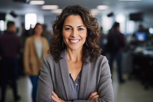 Medium shot portrait photography of a pleased woman in her 40s that is wearing a chic cardigan against a busy newsroom with journalists and cameras background . Generative AI