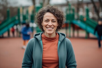 Portrait of a smiling woman with curly hair standing on the playground