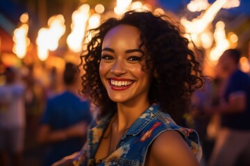 Portrait of beautiful african american woman smiling at camera while standing at music festival