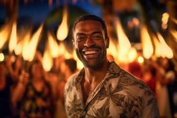 Portrait of a happy man dancing in front of a fire at night