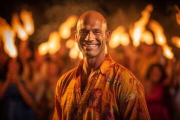 Medium shot portrait photography of a satisfied man in his 40s that is wearing a simple tunic against a scenic hawaiian luau with performers and fire dancers background . Generative AI - obrazy, fototapety, plakaty