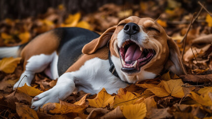 Beagle dog  lying on the ground full of fall autumn