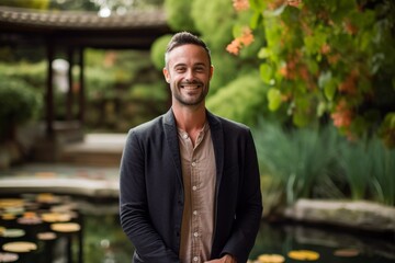 Portrait of a handsome young man standing with hands in pockets and smiling