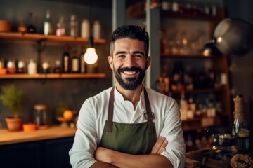Portrait of smiling male barista standing with arms crossed in cafe