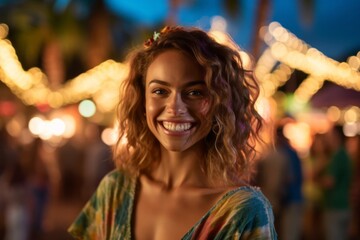 Naklejka premium Portrait of beautiful woman with curly hair smiling at camera at night