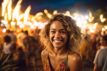 Portrait of a smiling young woman with curly hair at the beach at night