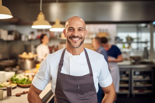 Medium shot portrait photography of a grinning man in his 30s that is wearing a chic cardigan against a well-stocked gourmet kitchen with a chef at work background . Generative AI