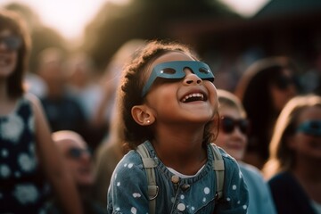 Medium shot portrait photography of a pleased child female that is wearing a chic cardigan against an awe-inspiring solar eclipse event with spectators background . Generative AI