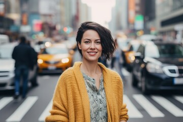 Fototapeta premium Portrait of a young woman crossing the road in New York City