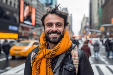 Fototapeta premium Young handsome man with beard wearing scarf in the streets of New York City