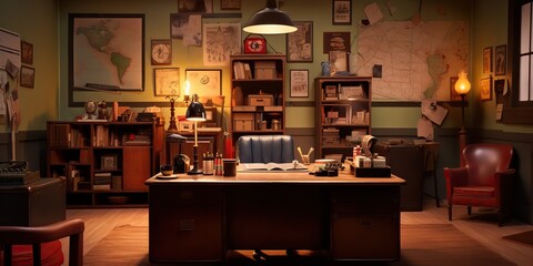 AI Generated. AI Generative. Retro vintage style office powerful big boss with massive table. Graphic Art