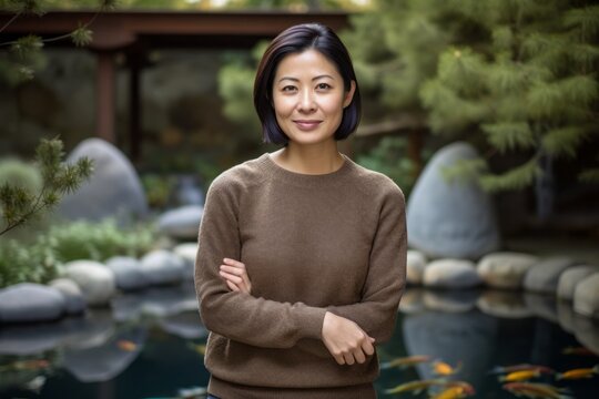 Portrait of a beautiful Asian woman standing with arms crossed in a garden