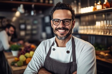 Portrait of smiling male barista standing with arms crossed in cafe