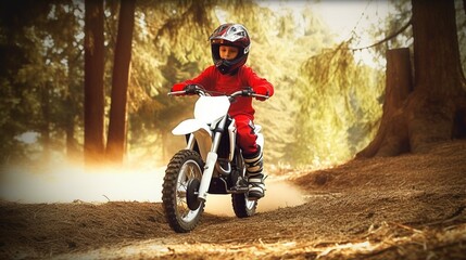 Kid Rider with full safety gears on Child Dirt Bike, AI Generative