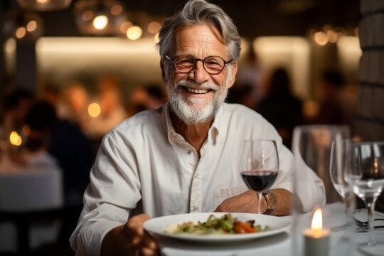 Medium shot portrait photography of a pleased man in his 60s that is wearing a simple tunic against a beautifully plated gourmet meal being served background . Generative AI