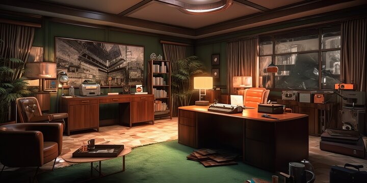 AI Generated. AI Generative. Retro vintage style office powerful big boss with massive table. Graphic Art
