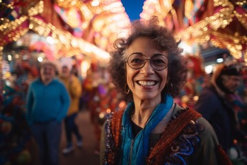 Obraz na płótnie Canvas Medium shot portrait photography of a grinning woman in her 50s that is wearing a cozy sweater against a lively brazilian carnival with performers background . Generative AI