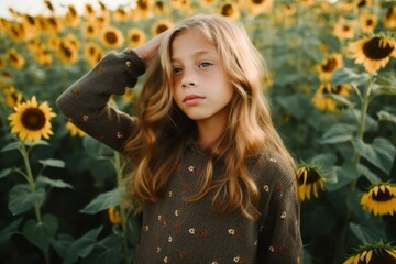 Portrait of a little girl in a field of sunflowers